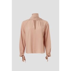 Obando Collective Tie Neck Blouse Beige Office Siren Quiet Luxury Sz 6 Neutral